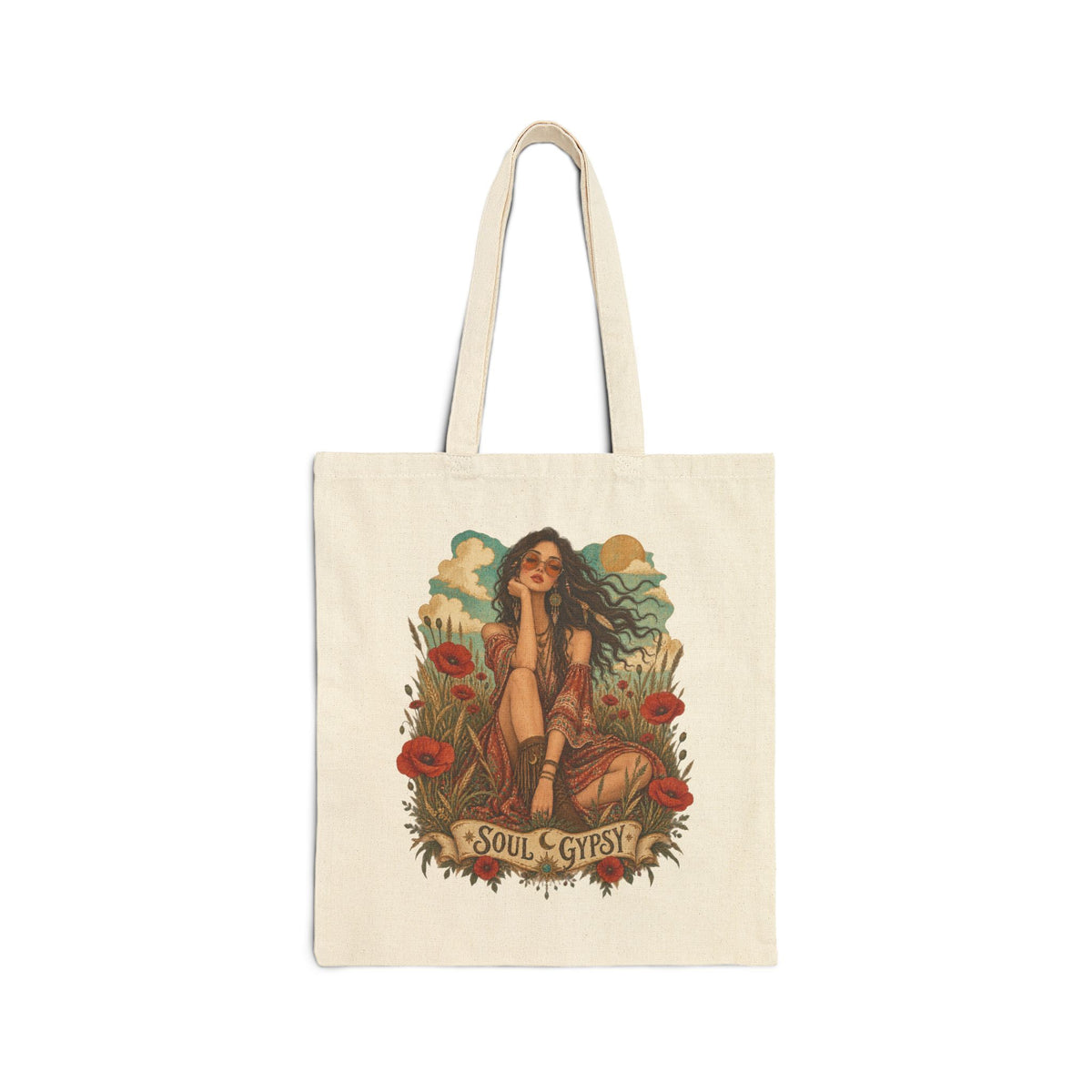 Boho 'Soul Gypsy' Cotton Canvas Tote — Vintage Bohemian Floral Bag