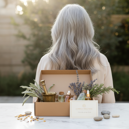Beautifully blended silver and gray hair with botanical blending kit tools on marble surface