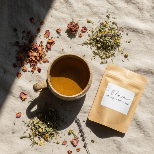 Bloom Ritual Tea flat-lay with ceramic mug, dried botanicals and rose petals on warm linen